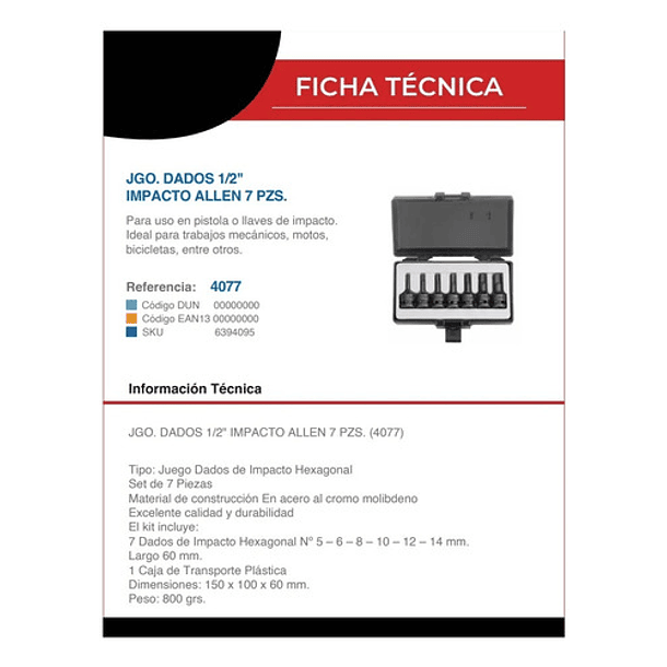 Juego Dados []1/2 Impacto Allen 4-14mm 7 Pzs (4077), Force Negro 5