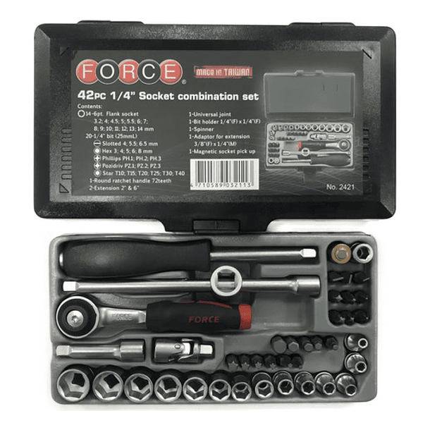 Juego De Dados Y Puntas []1/4 Mm Hex. Force 2421 42 Piezas 1