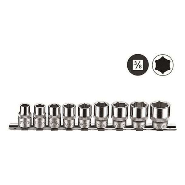Juego Dados 3/8'' Hexagonales 9-19mm 9pz 3093 Force Cromado 2