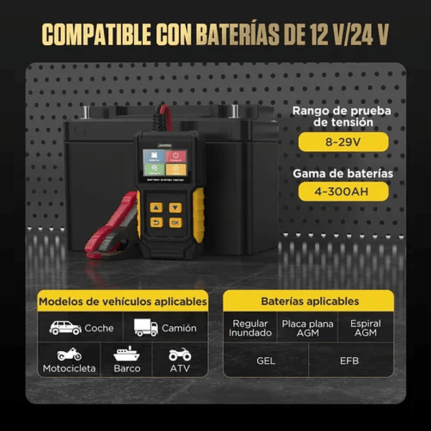 Probador De Baterías Agm Gel Efb Atv Auto Moto 8v a 29v  2000cca