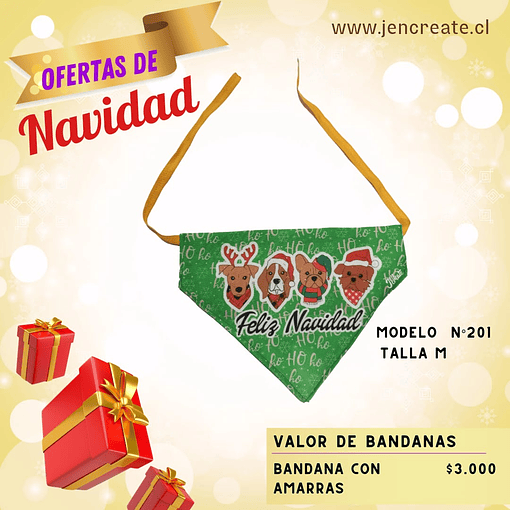 Bandana Estampada de perros navideños verde con Amarras