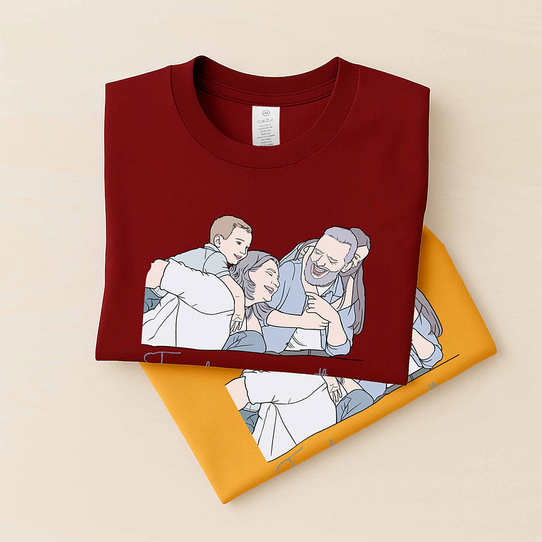 Customized Photo to Doodle Mom and Baby, Dad and Kids Unisex Crewneck T-shirt S-5XL Illustration Style Family Gift 6