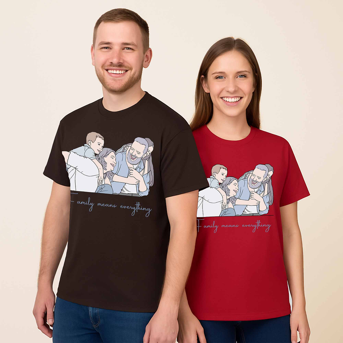 Customized Photo to Doodle Mom and Baby, Dad and Kids Unisex Crewneck T-shirt S-5XL Illustration Style Family Gift 7