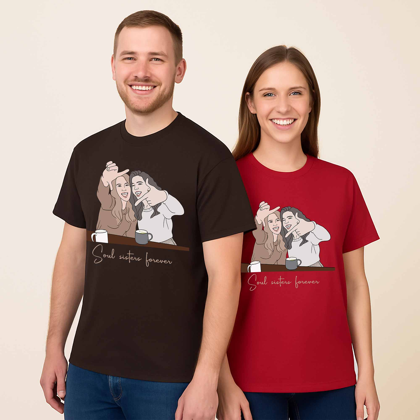 Personalized Photo to Doodle Friendship Picture Unisex Crewneck T-shirt S-5XL Minimalist Style Best Friends Birthday or Anniversary Gift 7