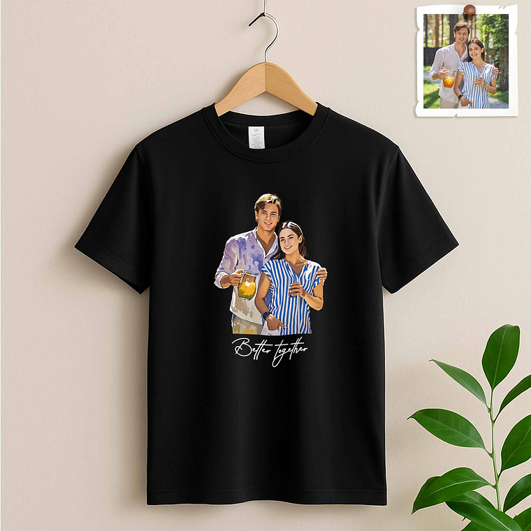 Custom Turn Moment to Art Couple Portrait Unisex Crewneck T-shirt S-5XL Oil Painting Style Romantic Gift 2