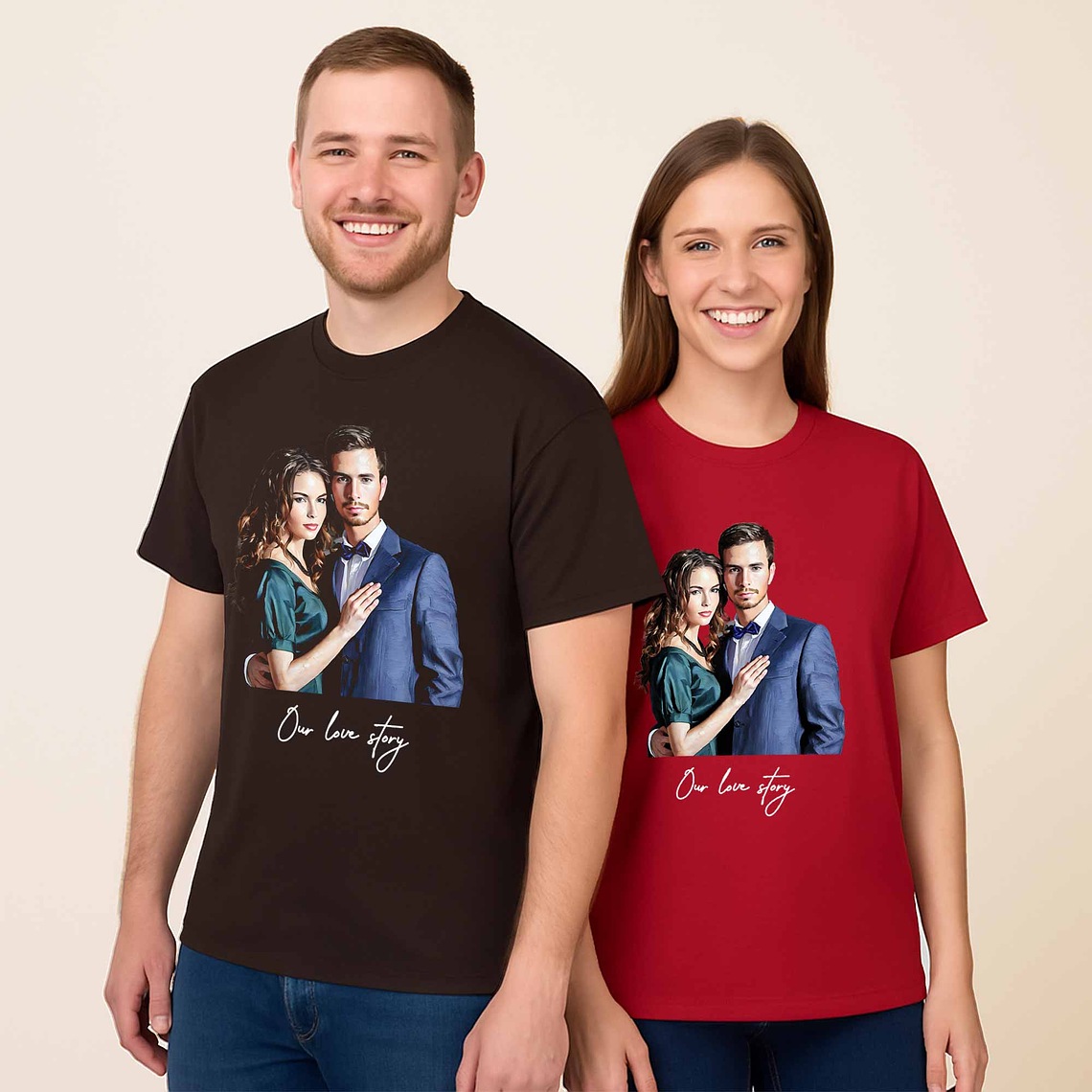 Custom Turn Moment to Art Couple Portrait Unisex Crewneck T-shirt S-5XL Oil Painting Style Romantic Gift 6