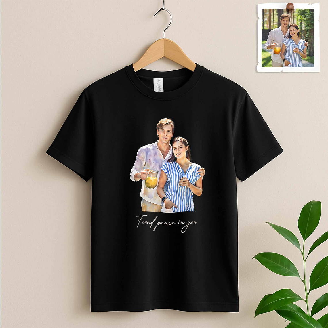 Personalized Photo to Portrait Love Picture Unisex Crewneck T-shirt S-5XL Watercolor Style Gift For Couple 2