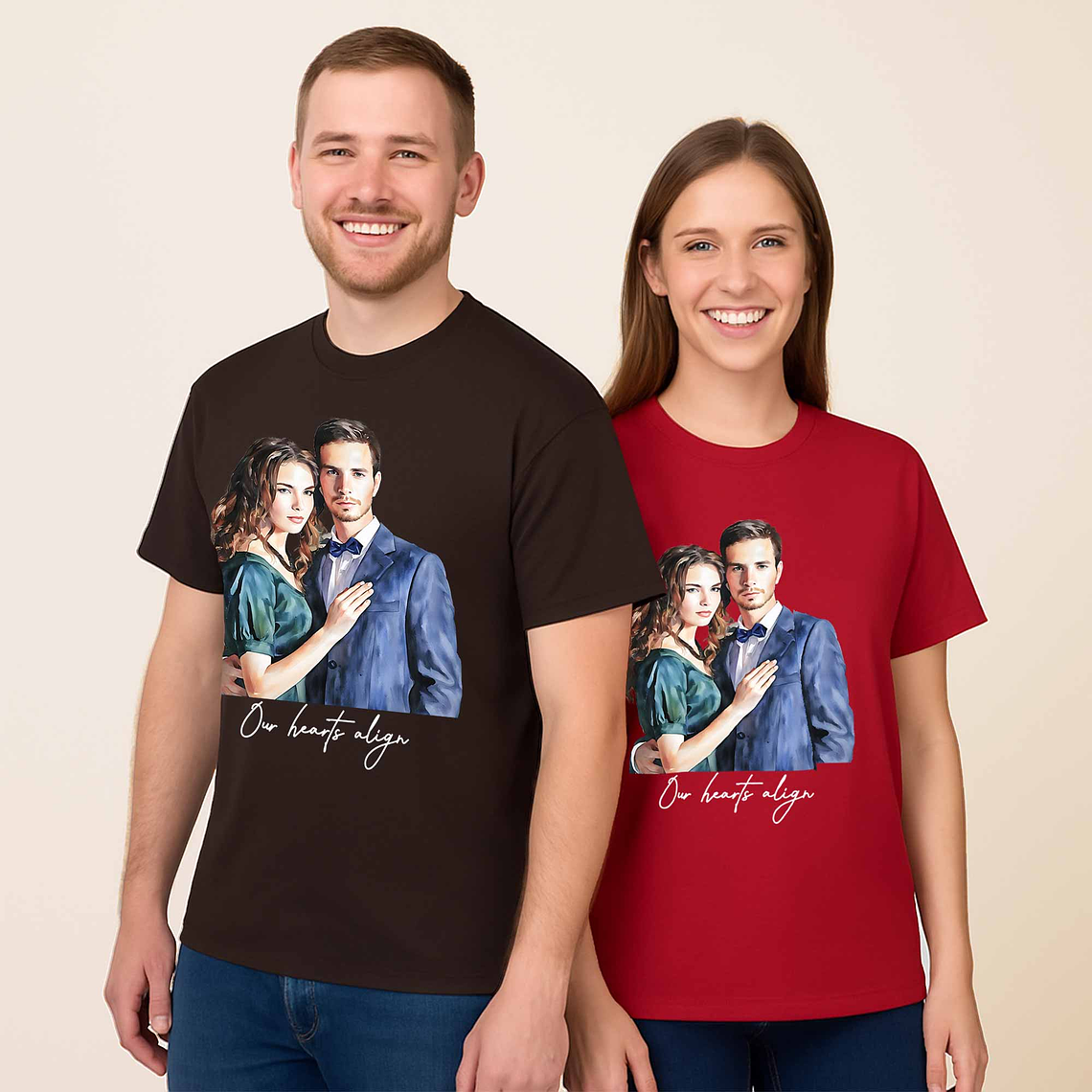 Custom Turn Photo into Art Couple Portrait Unisex Crewneck T-shirt S-5XL Watercolor Style Romantic Gift 7