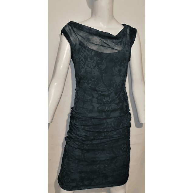 Vestido Drapeado Malla Stretch Diseño Cuello Shawl MEXX (S-M) COMO NUEVO