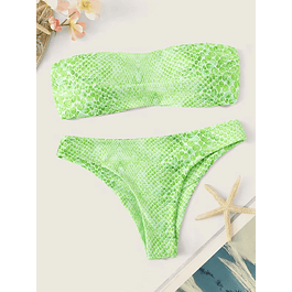 Bikini Strapless Serpiente Verde Lima con Copas (M)
