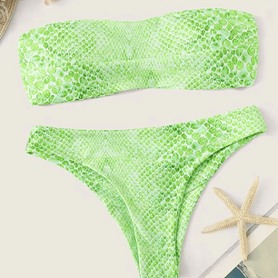 Bikini Strapless Serpiente Verde Lima con Copas (M)