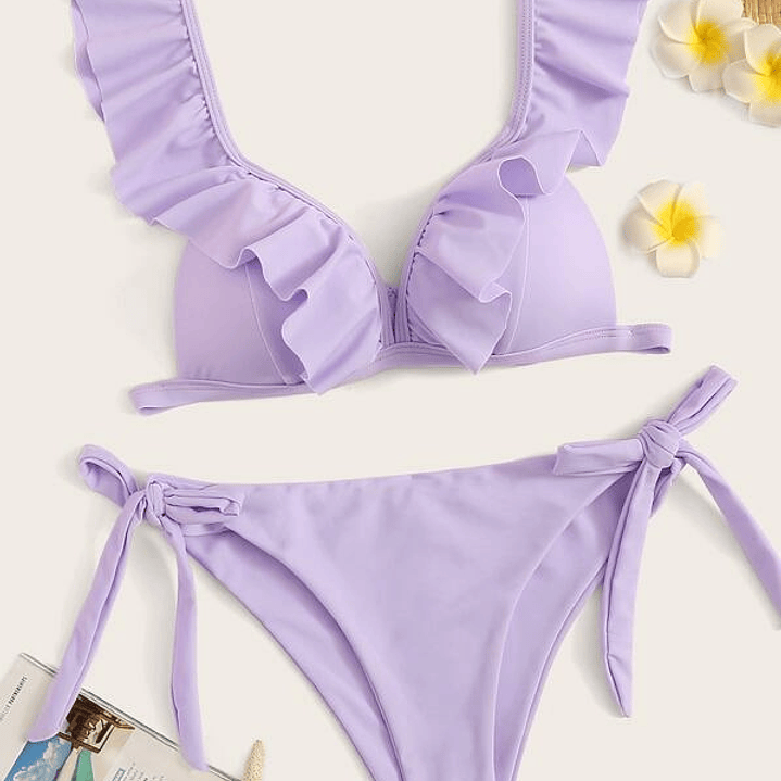 Bikini Top Cuello Vuelos Calzón Con Amarras Lila (S) 1