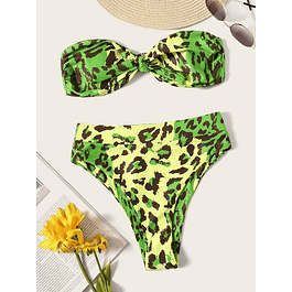 Bikini Bandeau Cintura Alta Animal Print Verde (S)