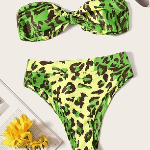 Bikini Bandeau Cintura Alta Animal Print Verde (S)