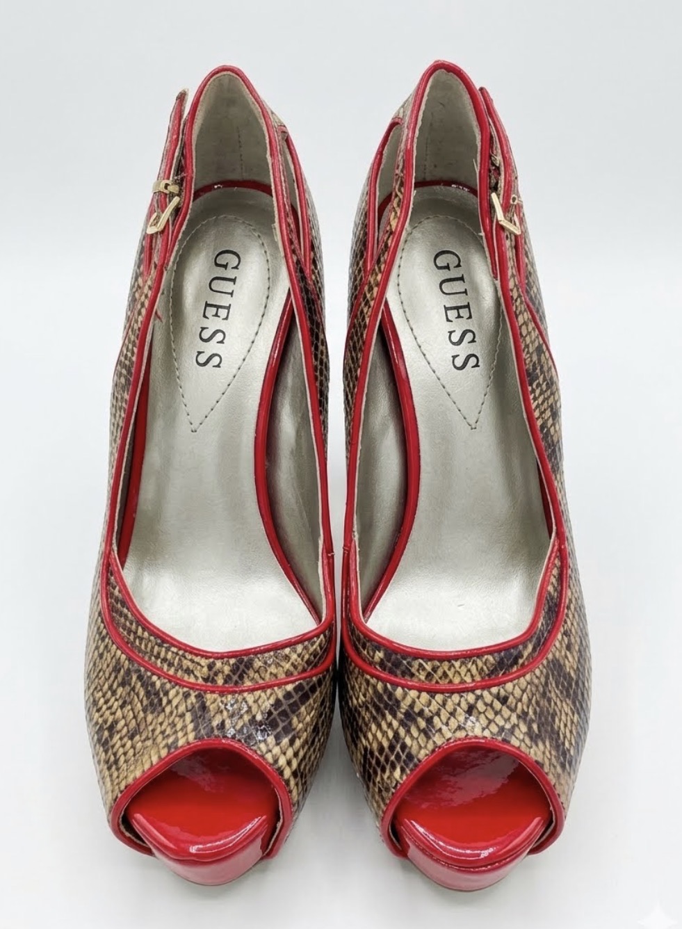 Zapatos Taco Alto Snake Print PeepToe Platform GUESS (37.5) COMO NUEVO 2