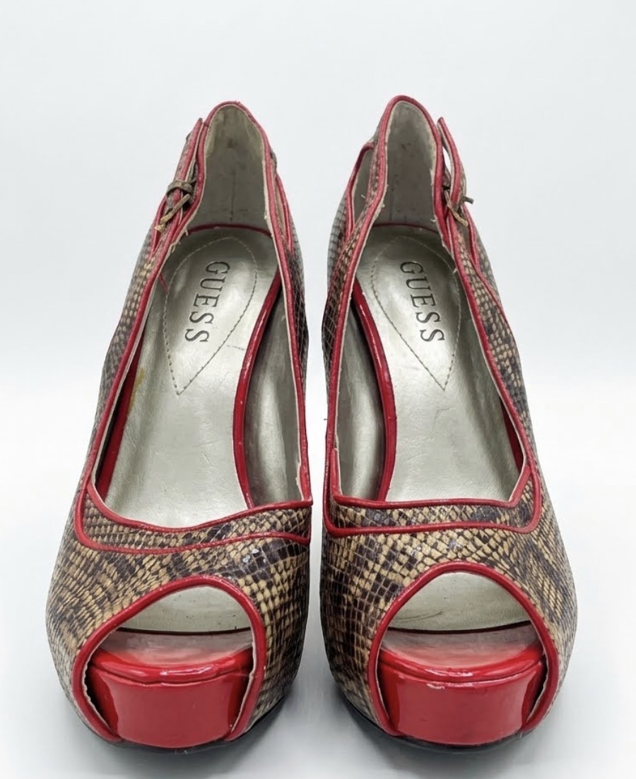 Zapatos Taco Alto Snake Print PeepToe Platform GUESS (37.5) COMO NUEVO 3