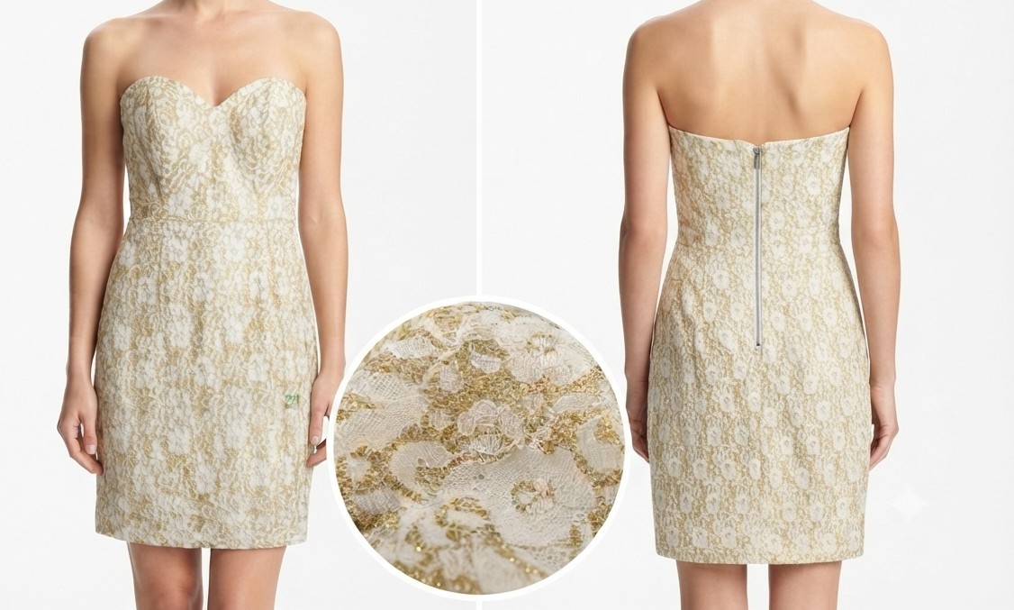 Vestido Cóctel Strapless Encaje Dorado TFNC LONDON X TOPSHOP (S) NUEVO CON ETIQUETAS 2
