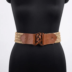 Cinturón Ancho Elástico Trenzado de Rafia con Detalle Frontal en Cuero 