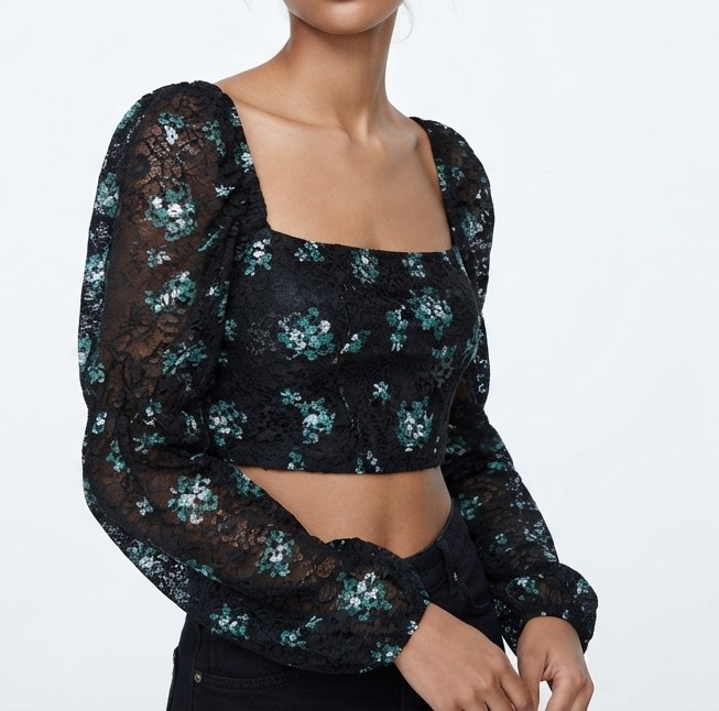 Crop Top de Encaje Floral Escote Cuadrado y Mangas Abullonadas TOPSHOP (Talla S) NUEVO CON ETIQUETAS 1