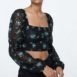 Crop Top de Encaje Floral Escote Cuadrado y Mangas Abullonadas TOPSHOP (Talla S) NUEVO CON ETIQUETAS