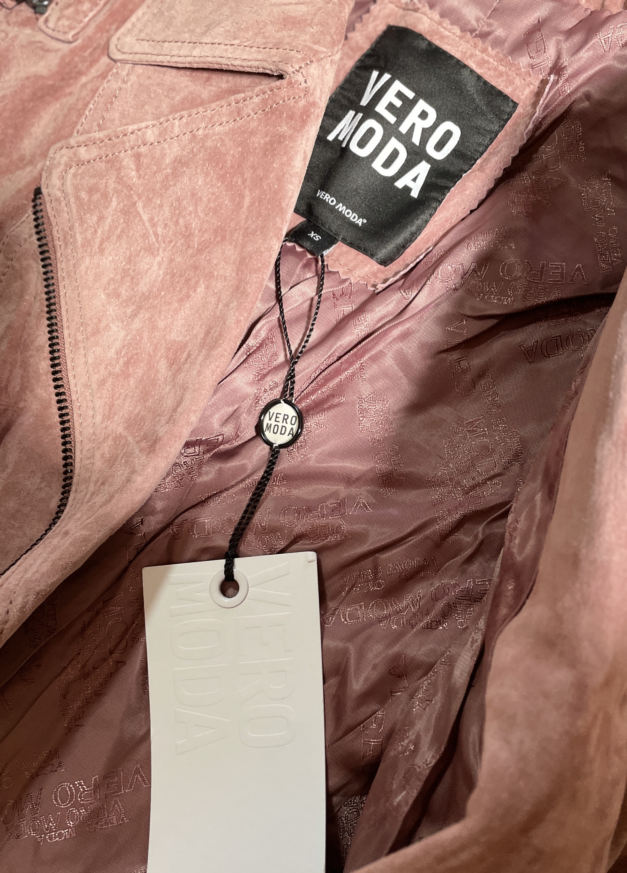 Biker 100% Cuero Gamuza Rosa Ahumado Mangas Desmontables VERO MODA (XS) NUEVO CON ETIQUETAS 2