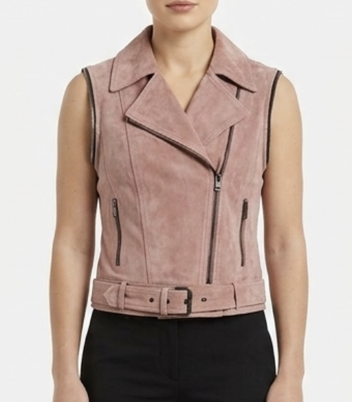 Biker 100% Cuero Gamuza Rosa Ahumado Mangas Desmontables VERO MODA (XS) NUEVO CON ETIQUETAS 4