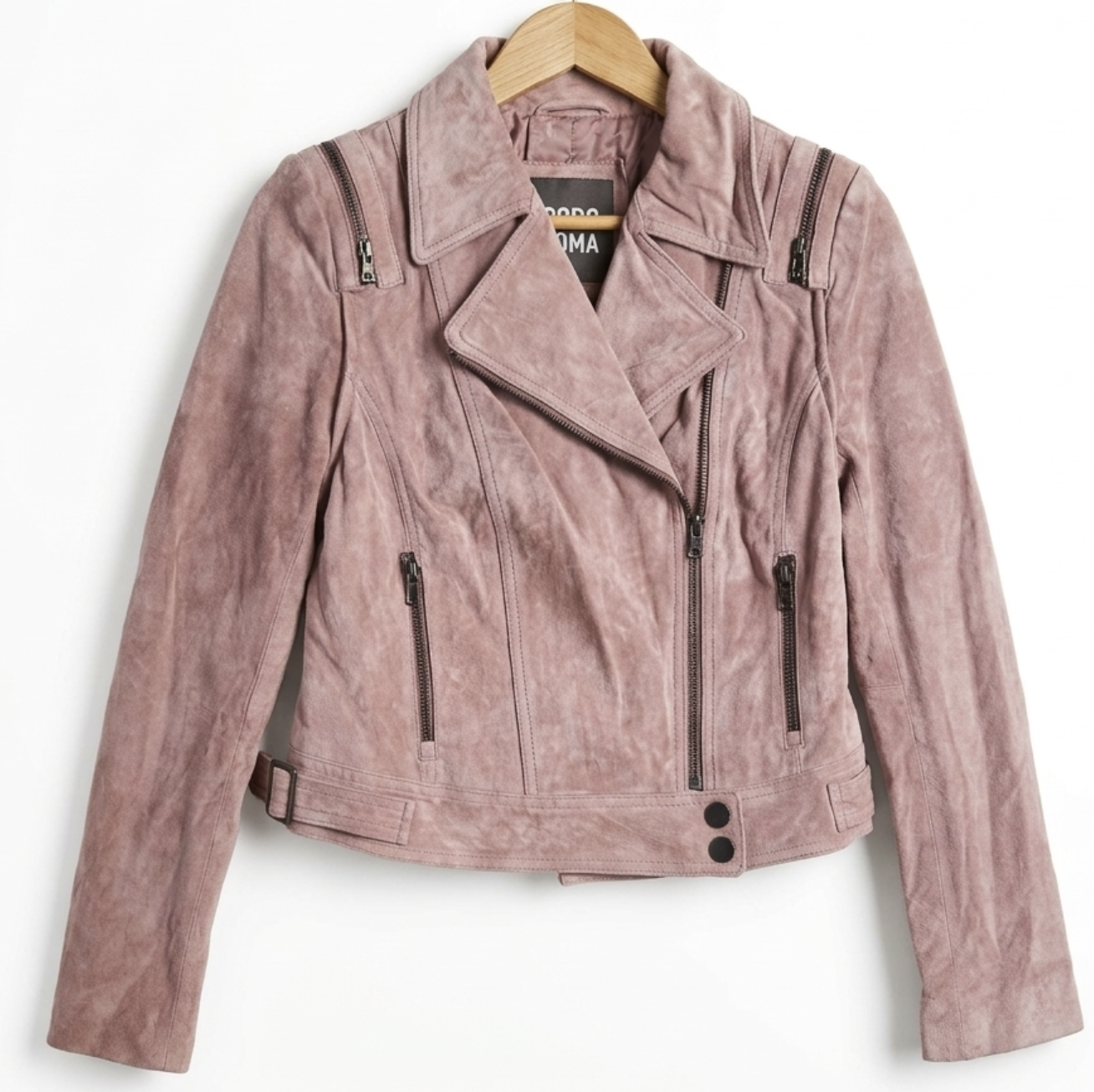 Biker 100% Cuero Gamuza Rosa Ahumado Mangas Desmontables VERO MODA (XS) NUEVO CON ETIQUETAS 6