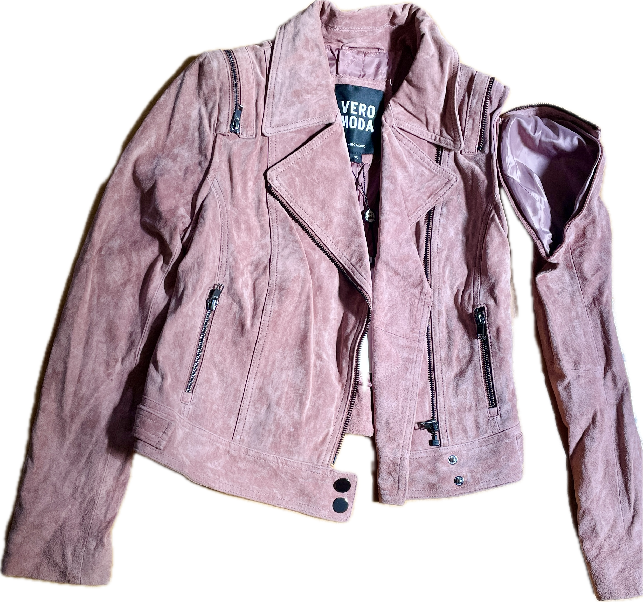 Biker 100% Cuero Gamuza Rosa Ahumado Mangas Desmontables VERO MODA (XS) NUEVO CON ETIQUETAS 8