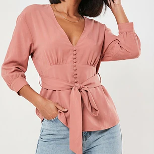 Blusa Escote V Botones y Lazada (Manga 3/4) TOPSHOP (S) NUEVO CON ETIQUETAS
