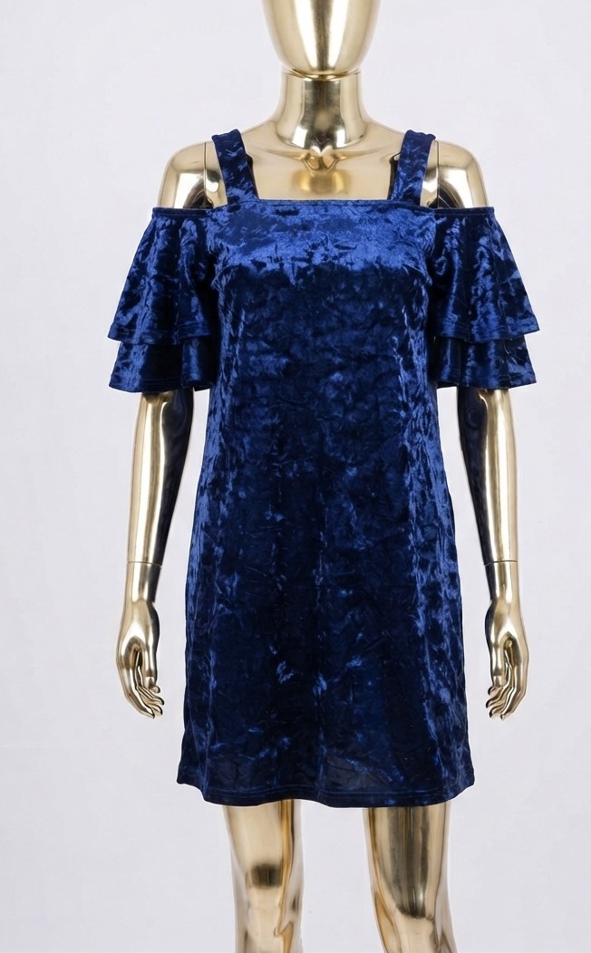 Vestido Plush Azul Hombros Descubiertos y Mangas con Volantes MANGO (M) NUEVO CON ETIQUETAS 1