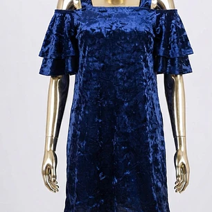 Vestido Plush Azul Hombros Descubiertos y Mangas con Volantes MANGO (M) NUEVO CON ETIQUETAS