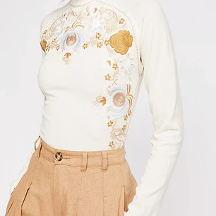 Top Manga Larga 100% Algodón Bordado Disco Rose FREE PEOPLE (S-M)