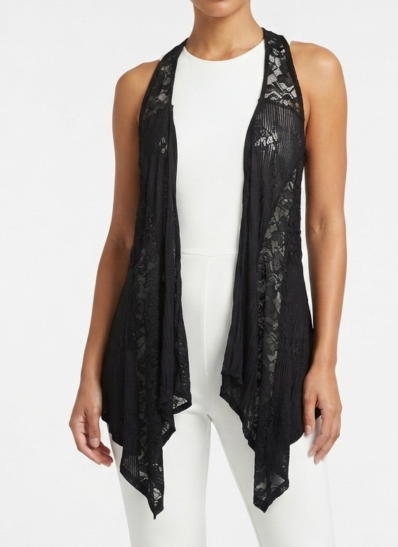 Chaleco Gilet Asimétrico Drapeado con Encaje y Espalda Racerback 2B BEBE (S) NUEVO CON ETIQUETAS 3