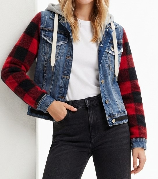 Chaqueta Denim Híbrida con Mangas de Cuadros y Capucha DESIGUAL (S) NUEVO CON ETIQUETAS 1