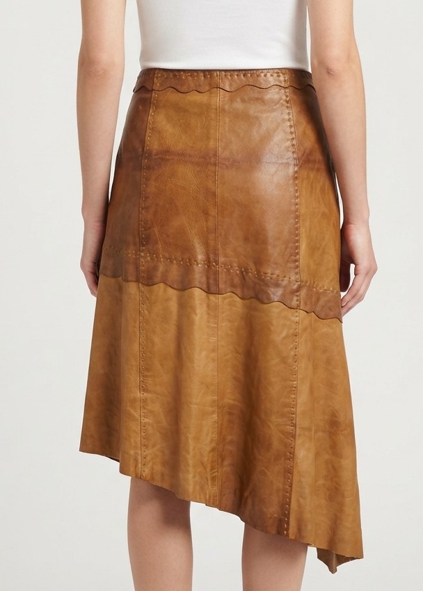 Falda Midi 100% Cuero Café Envejecido Estilo Bohemio y Asimétrico (M) 1