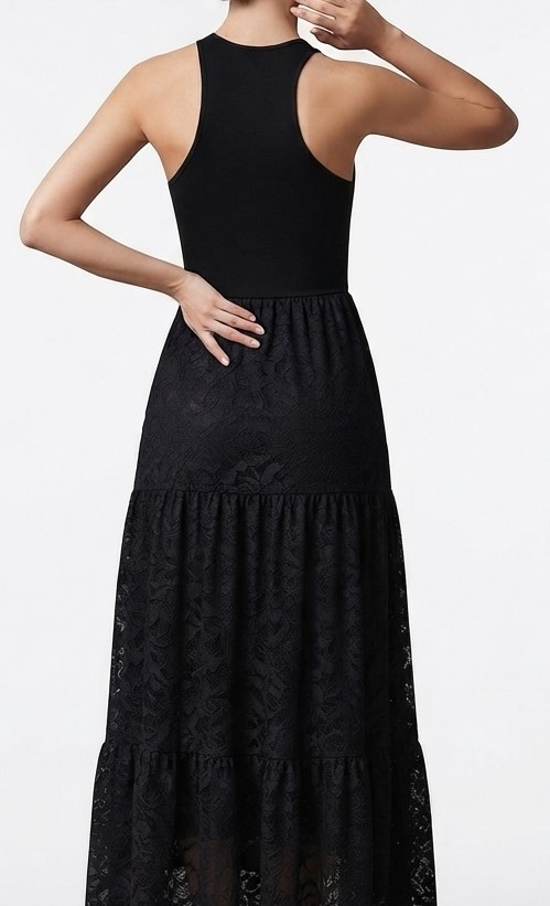 Vestido Maxi Negro Cuello Halter Con Bordados y Encaje DESIGUAL (XS) NUEVO CON ETIQUETAS 2