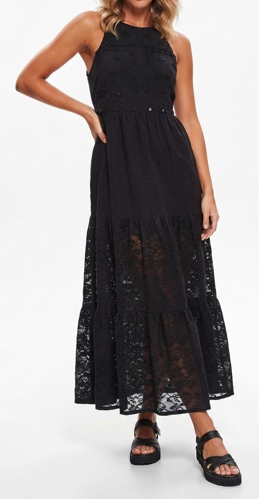 Vestido Maxi Negro Cuello Halter Con Bordados y Encaje DESIGUAL (XS) NUEVO CON ETIQUETAS 1
