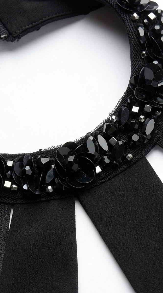 Vestido Black Tie Sheer Bottom Leonora Cuello Pedrería BCBG MAXAZRIA (S) SHOWROOM 5