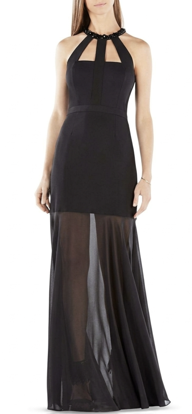 Vestido Black Tie Sheer Bottom Leonora Cuello Pedrería BCBG MAXAZRIA (S) SHOWROOM 1