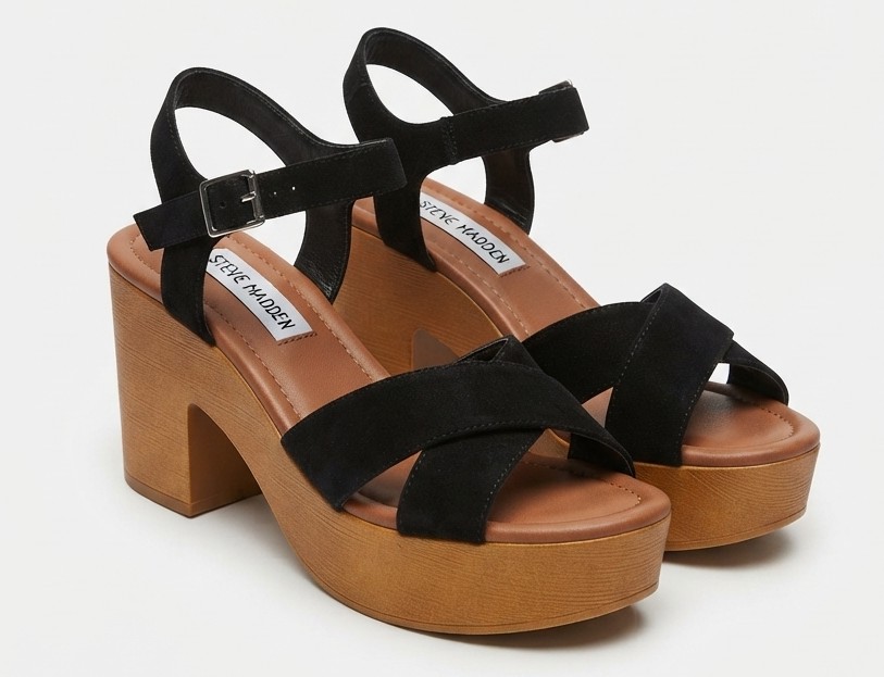 Sandalias 100% Cuero Plataformas Tiras Cruzadas y Taco Ancho Aspecto Madera STEVE MADDEN (37) 2