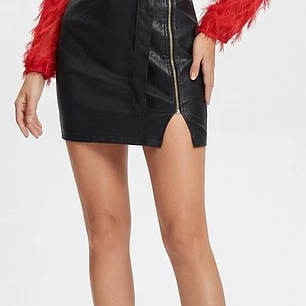 Vestido Italiano Blusa Texturizada  y Falda de Ecocuero con Cinturón (S) NUEVO