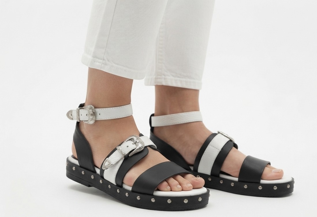 Sandalias 100% Cuero Natural Bicolor Tachas y Hebillas AURORA CONEJERO (38-38.5) NUEVO 2