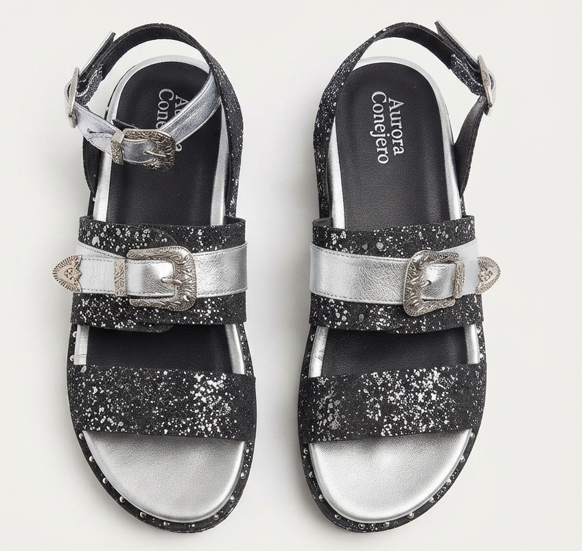 Sandalias 100% Cuero Brillo/Plateado con Hebillas Western AURORA CONEJERO (37) NUEVO 3