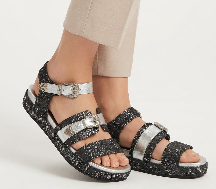 Sandalias 100% Cuero Brillo/Plateado con Hebillas Western AURORA CONEJERO (37) NUEVO 1