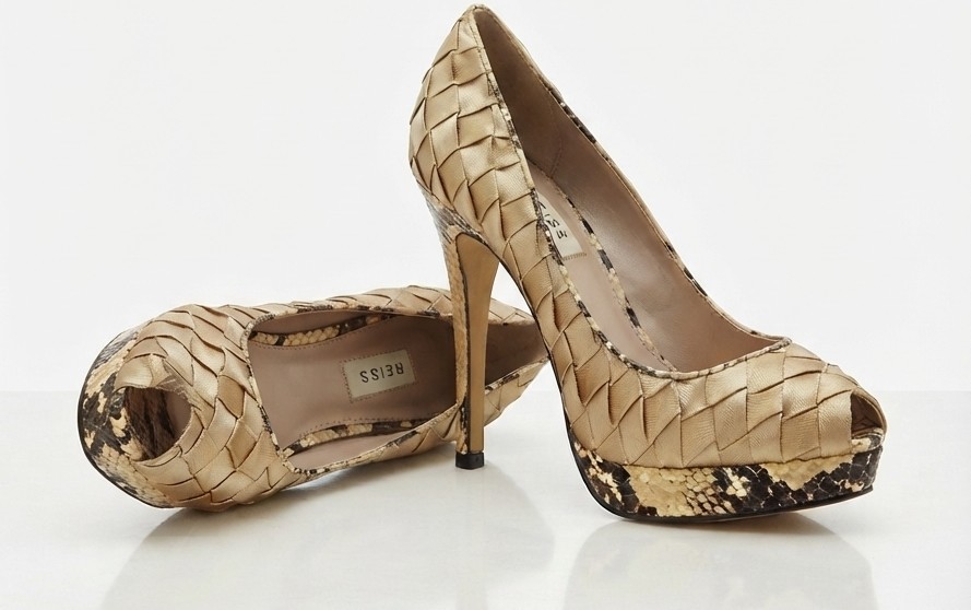 Zapatos 100% Cuero Peep Toe Dorado Trenzado y Plataforma Serpiente REISS (36) 2