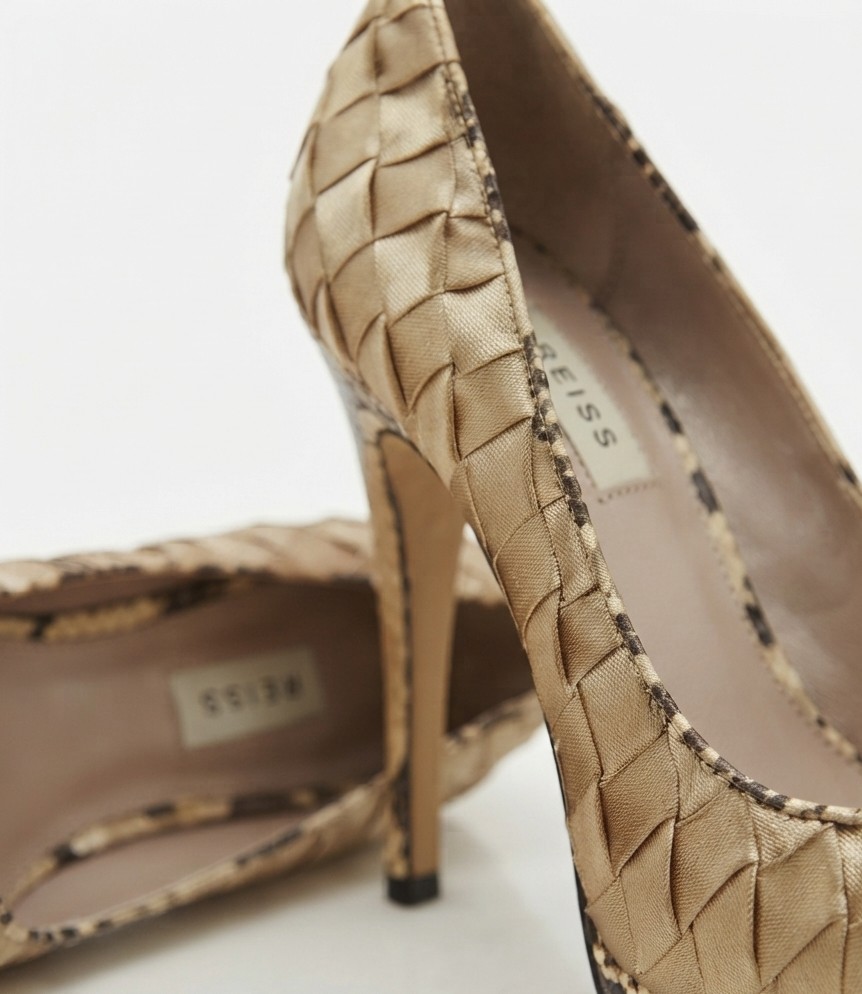 Zapatos 100% Cuero Peep Toe Dorado Trenzado y Plataforma Serpiente REISS (36) 3