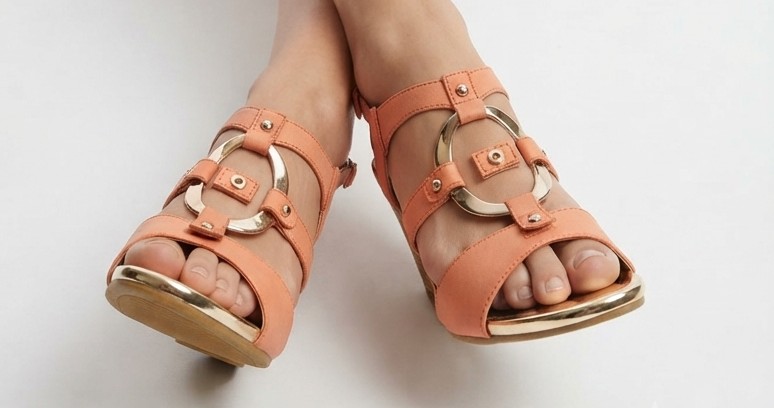 Sandalias 100% Cuero Plataforma Tono Coral y Acabado Dorado ANNE KLEIN (37) 1