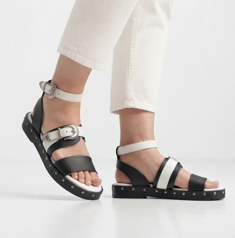 Sandalias 100% Cuero Natural Bicolor Tachas y Hebillas AURORA CONEJERO (38) NUEVO 2