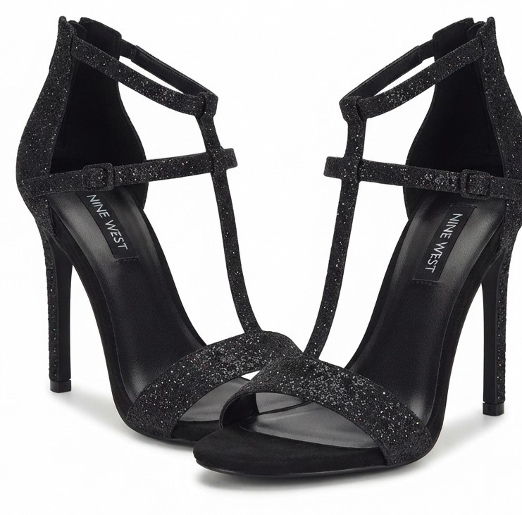 Sandalias De Tacón Alto Con Brillos Negros NINE WEST (37) NUEVO 2