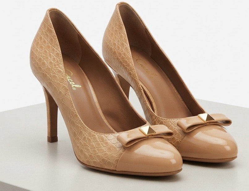 Zapatos 100% Cuero Nude Texturizado Croco con Puntera de Charol y Moño (36) NUEVO  1